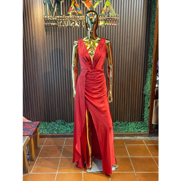 Deep V-neck ruched silk-satin high slit