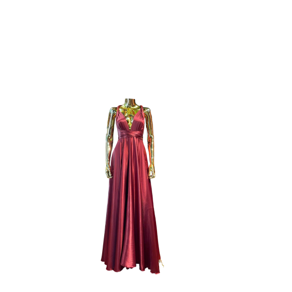 Burgundy Satin Deep-V Maxi Dress